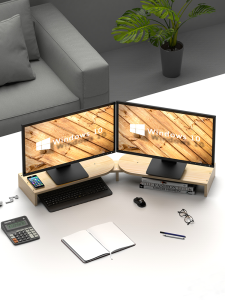 Solid Wood Dual Monitor Desk Computer Stand Office Heightening Base Station Desktop Organizer Double Screen Support Rack