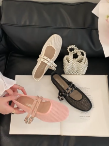 LuxLane Pink Christmas Mesh Mary Jane Flats Shoes for Women - Elegant Two Strap Round Toe Ballet Doll Sandals | Available in Black White Pink