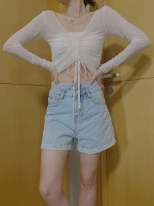 ผู้หญิง เชือกรูด  ตาข่าย ปกเสื้อโมเดิร์นเต้นรําชุดแขนยาวเอว-cinching ฤดูร้อน บาง Sun Protection