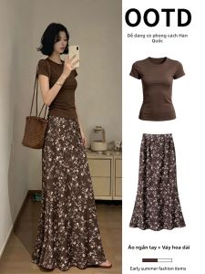 ZUKUN | Bộ In Hoa Nâu Độc Đáo Phong Cách Chân Váy Dài