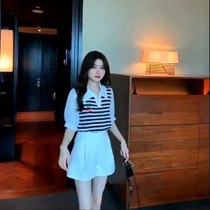 💥[A145] Áo len thun nữ Montoghi dệt kim LOGO CHERRY phối TAY PHỒNG họa tiết kẻ sọc xinh xắn - L2M