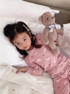 ＜915＞[ Wool Pull Frame ] Aimo Beibei Childrens Pajamas Underwear Suit Boys and Girls Baby Brushed Cartoon Homewear