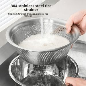 Food Grade 304 Stainless Steel Drain Basket Kitchen Rice Washing Basin Home Use Rice Cleaning Tool Metal Mesh Sieve for Cooking
