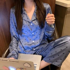 New 2025 Womens Ice Silk Sleepwear Short Sleeve Home Clothes Two-Piece Set Spring Summer Autumn Seasonal Plaid Pajamas