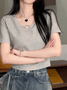 American Retro Shoulder Short Sleeve T-Shirt Womens Summer 2024 New Arrival Minimalist Letters Print Slim-Fit Crop-Top Ins