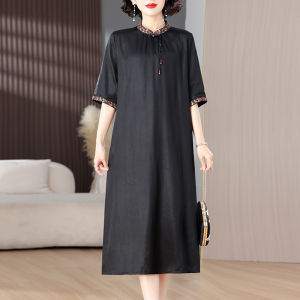 MAIMEI | ชุดเดรสผ้าไหมหอมกลิ่นฤดูร้อนปักลายสไตล์จีนใหม่สำหรับผู้หญิง กระโปรงทรงเอเอวสูง แขนยาวปานกลาง สีพื้น