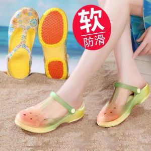 Viblen Jelly Hole Shoes Womens Non Slip Travel Summer Outwear Thick Bottom Toe Cap Sandals Soft Bottom Plus Size Beach