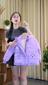 (13-35 Kg) Áo phao ấm cho bé gái chất liệu nhung lì lót lông dày dặn ấm ấp mũ áo tháo rời  túi hộp họa tiết hình in mẫu mới