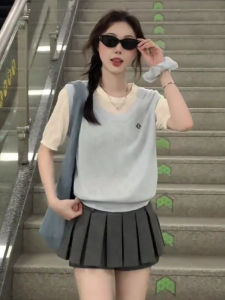 Korean Style Splice Fake Two-Piece Knitted Top Summer New College Style Slimming Simple Match Short Sleeve T-Shirt Women