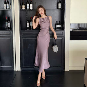 Impression Fashion Store Women Elegant Satin Sleeveless Plain High Waist Cinched Bodycon Fishtail Long Dress