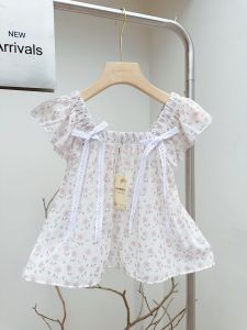 French Korea เสื้อครอปคอเหลี่ยมแขนระบาย ลายดอกไม้ น่ารักกกก