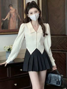 Korean Style Pure Desire Long Sleeve Collared T-Shirt Womens Slim Fit Zipper Open Cardigan Top Spring Autumn New Design