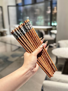 Handmade High-End Chinese Coconut Wood Chopsticks Natural Wood Inlaid Floral Home Use Chopstick Set Vintage Style 25cm