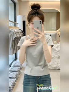 Ladies shoulder length short sleeved summer new round neck slim fit button fashionable loose casual T-shirt