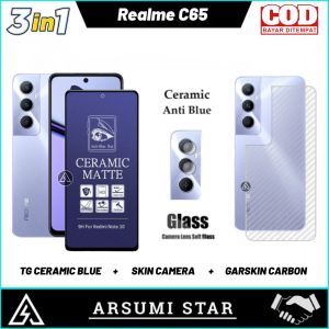 Paket 3in1 Tempered Glass Ceramic Matte Anti Spy REALME C65 Anti Gores Pelindung Layar Ceramic Matte Anti Spy  + Skin Camera + Garskin Carbon 3D