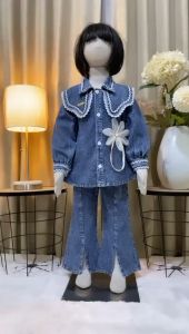 (Gratis Bando Karakter) Setelan Callista Celana Cutebray Jeans Anak Perempuan Model Kemeja Bunga Tali Usia 3 - 12 Tahun