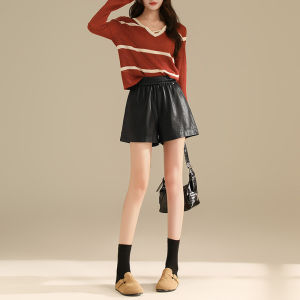 High Waist Loose Fit Red Leather Shorts Womens Autumn 2025 New Style A-Line Wide Leg Pants PU Boot Pants Casual Trousers