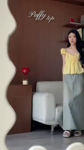 Áo babydoll dáng bí bồng mặc hè chất Thô trễ vai tay búp thắt dây nơ chun lưng dễ thương