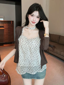 GUZILIAN | Bộ Đồ Thời Trang In Chấm Bi Quyến Rũ Áo Dây Kéo Cổ Áo Măng Tô Ngắn