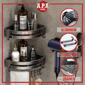 APA Bathroom Toilet Rack Corner Triangle Multifunction Aluminum Hook Shelf Organizer Wall Mounted Rak Bilik Mandi