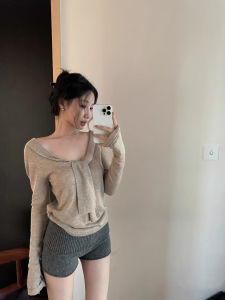 Áo Len Dệt Kim Dài Tay Cổ Chữ V Màu Kaki Cho Nữ Áo Sơ Mi Cơ Bản Ôm Vừa Vặn Màu Trơn Thời Trang Đa Năng Áo Chui Đầu Thường Ngày