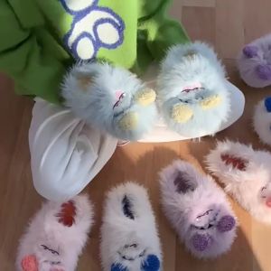 XIXITIAO Cute Cartoon Monster Closed Toe Cotton Slippers Winter Girls Heart Home Indoor Soft Bottom Warm Confinement Cotton Shoes