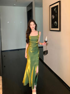 Light Luxury High-end French Style Slim Fit Long Green Halter Dress
