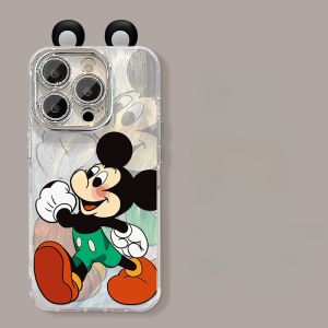 New Womens Summer Apple 16 pro Phone Case with Feather Mesh iPhone 15 pro Max Cartoon Mickey Ear Bracelet Full Cover Lens Film
