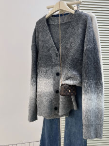 QINGNAER | Retro Gradient Soft V-Neck Long-Sleeve Buttoned Sweater Coat
