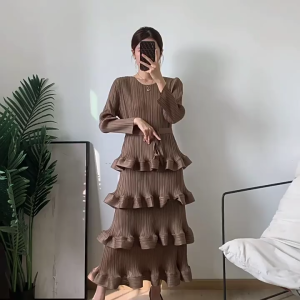 Keshangyi Miyake Pleat Dresses New Round Neck Pure Color Elegant Temperament Cake Skirt Mid-length Womens Dress