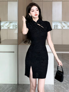 Improved Cheongsam 2024 Light High-End Temperament National Style Black Waist-Tight Slim Looking Short Hip-Hugger Dress Female Summer
