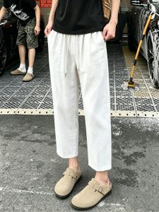 OUMULONG | Breathable Summer Mens Linen White Tapered Pants