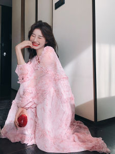 Pink Floral Long Sleeve Womens Dress Beautiful Large Skirt Romantic French Style Early Autumn New Style A-Line Dress