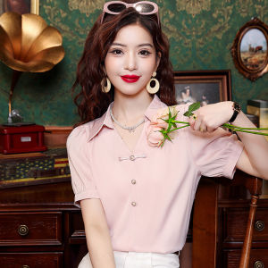 Light National Style Buckle Chiffon Shirt Womens Summer Temperament Commute Polo Collar Shirt Drape Satin Short Sleeve Tops Tide