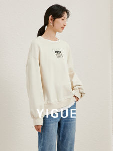 Yigue | Cotton Faux Two-Piece Loose Simple Casual Printed Crewneck Womens Sweatshirt