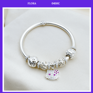 FLORA 0450C - Vòng tay bạc ta mix hình quả cầu phay kim tiề n mix charm hình mèo Hello Kitty dành cho bé gái