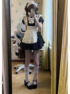 Halloween Cosplay Maid Uniform Vintage Pleated Lace OP Skirt with Bowtie Lolita Style Womens Dress Autumn 2024 Release