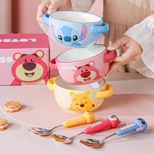 Cute Double-Eared Ceramic Bowl for Children Baby Dinnerware Set Home Use New 2025 Egg Steaming Bowl Cartoon Pattern