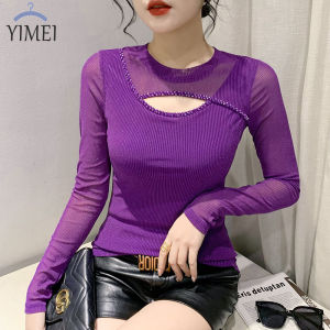 YIMEI Áo Lưới Dáng Ôm Nặng Mới Mùa Xuân 2023 Áo Thun Đính Cườm Thời Trang Áo Nữ Đáy Đa Năng Thời Trang Nữ