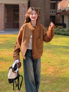 Fashionable Suede Jacket Womens Short Style Spring Autumn 2025 New Arrival Casual Commute Wind Zipper round Neck Polyester