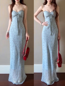 SENWA | French Blue Polka Dot Summer Beach Vacation Elegant Long Dress