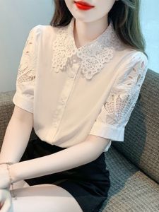 Womens Hollow out Doll Collar Short Sleeve Shirt Thin Summer Fashionable Top Casual Loose Fit Pure Color Polo Neck Button up