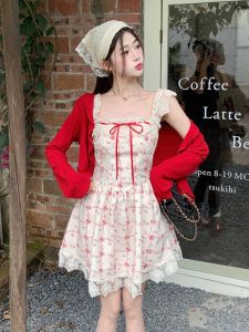 Cỡ Lớn Nữ Dễ Thương Bộ Hai Mảnh Hoa Pháp Ren Áo Tank Top Đầm Và Áo Khoác Cardigan Theo Phong Cách Đồng Quê Mai Thời Trang Mùa Hè