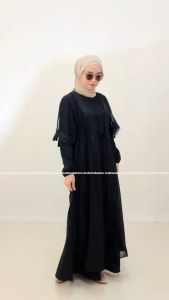 Gamis Abaya Umroh Maxi Dewasa Muslimah Hitam Putih Miraj 453 Renda Bordir Jetblack Andinicollection