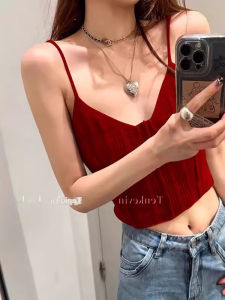 เสื้อกั๊กถักสีแดงสไตล์อเมริกันสำหรับผู้หญิงในช่วงฤดูร้อน เสื้อคลุมกันหนาวแบบลำลอง แขนสั้น สำหรับใส่ไปเที่ยวชายหาด ฤดูใบไม้ร่วง