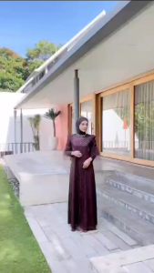 Rinjani Dress Matt Silk Roberto Mix Brukat Cantily Aplikasi Payet Mutiara Gamis Pesta Terbaru Warna Mahogany