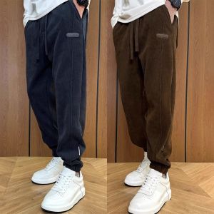 Fleece Lined Corduroy Casual Pants Mens Autumn Winter Workwear Trendy Loose Fit Long Trousers Youthful Style Polyester Fiber