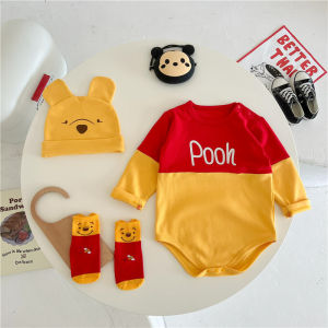 BestBorn 0-2 year old Baby Clothes Set Cute Winnie the Pooh Romper Baby Long Sleeve Bodysuit Cotton with Hat Non Slip socks Jumpsuit Set