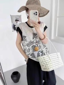 YUEZHONGWEI | Áo thun tay ngắn may thêu kiểu Pháp cho nữ mùa hè ôm vừa vặn Áo thun cotton pha lanh cổ tròn in họa tiết hoa