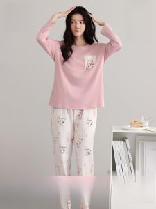 MiiOW | Pure Cotton Sleepwear Womens Spring Autumn Long Sleeve Long Pants Fresh Sweet Ladies Home Clothes With Chest Pad